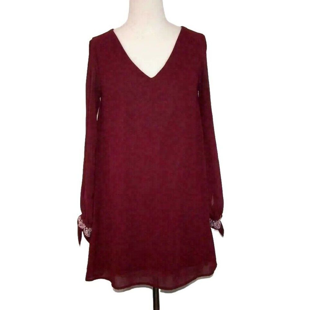Miami Dress XS Cold Shoulder Long Tie Cuff Embroidered Sleeve Chiffon Burgundy